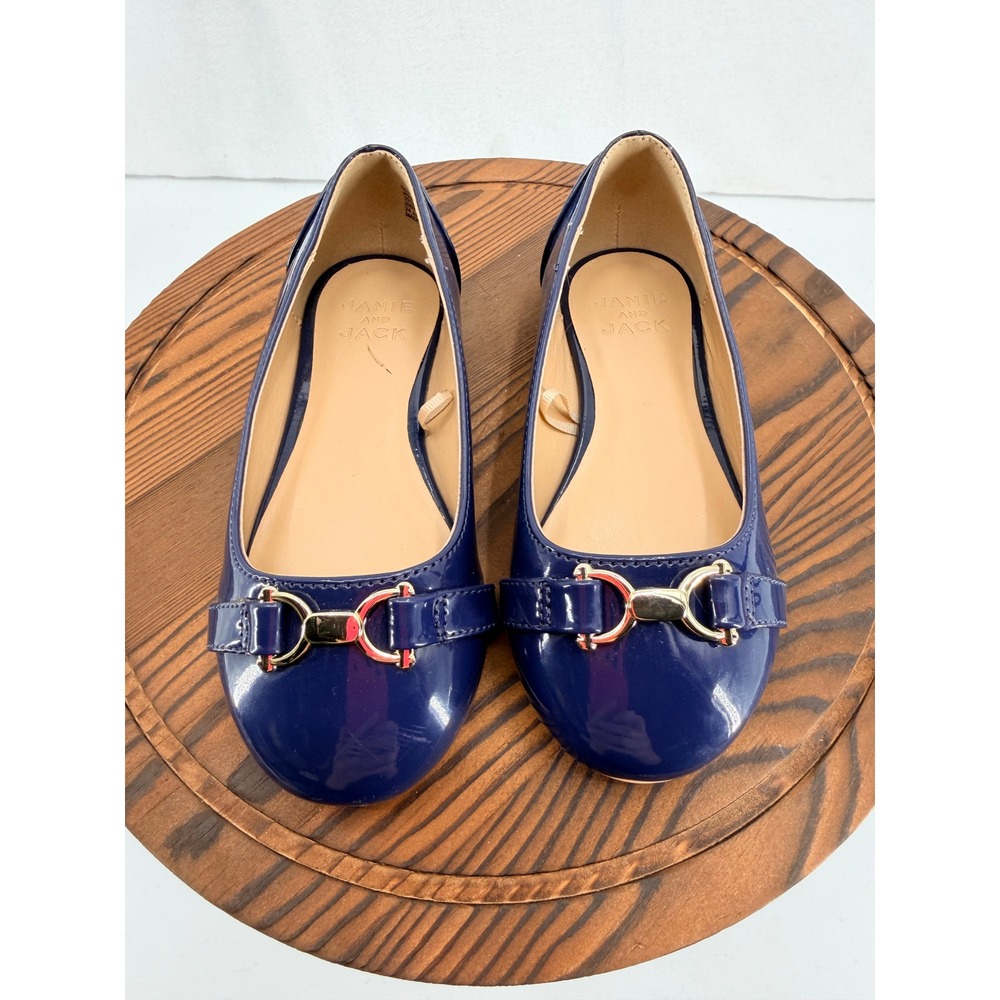 Janie and Jack Patent Leather Horse Bit Flats Girls Toddler Size 10 Blue Gold